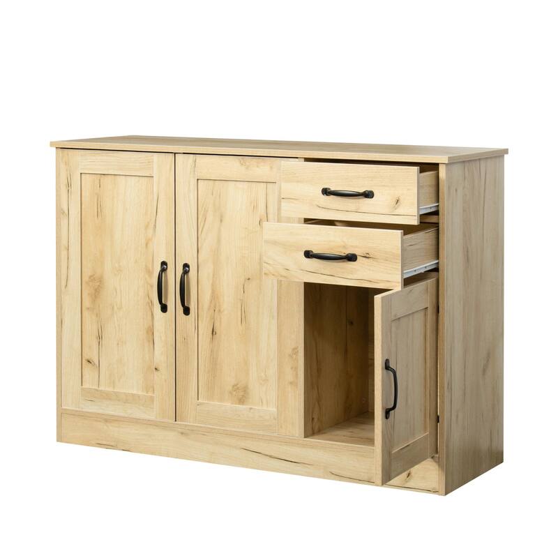 Roomfitters 43" Modern Buffet Sideboard, Oak Wood Storage Cabinet with Drawers and Doors for Dining Room or Entryway