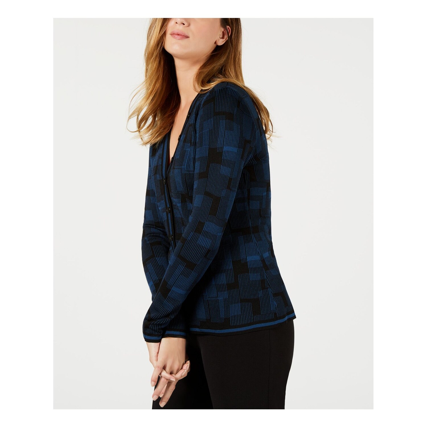 Shop Anne Klein Womens Blue Plaid Long Sleeve V Neck Sweater Size