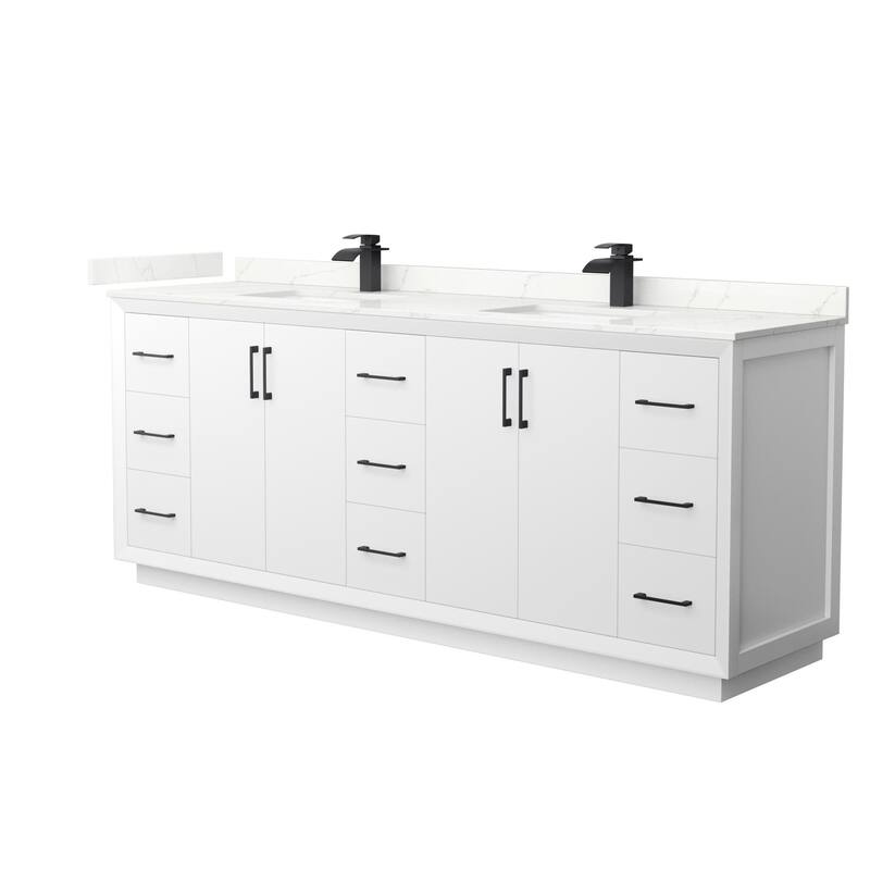 Wyndham Collection WCF414184D-QTZ-UNSMXX Strada 84" Free Standing - White / Giotto Quartz Top / Matte Black Hardware