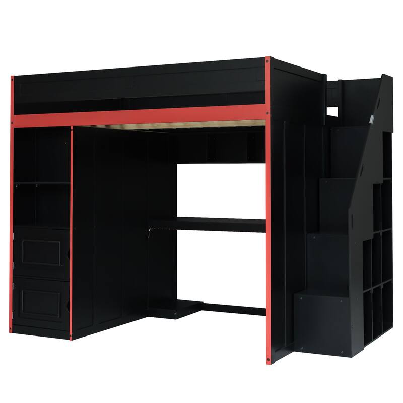 Black Gaming Loft Bed with Wardrobe, Desk, LED Lights, Cabinets and Storage Stairs