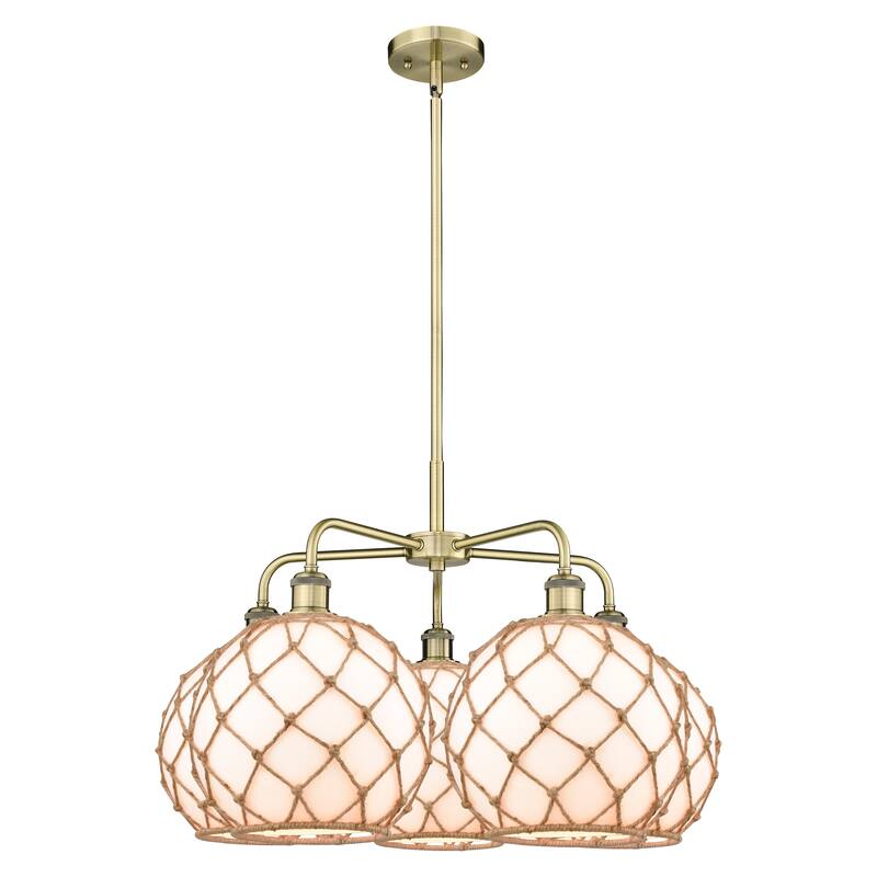 Innovations Lighting Endless Possibilities Ballston - Farmhouse Rope - 5 Light 29" Stem Hung Chandelier - Antique Brass/White Glass with Brown Rope