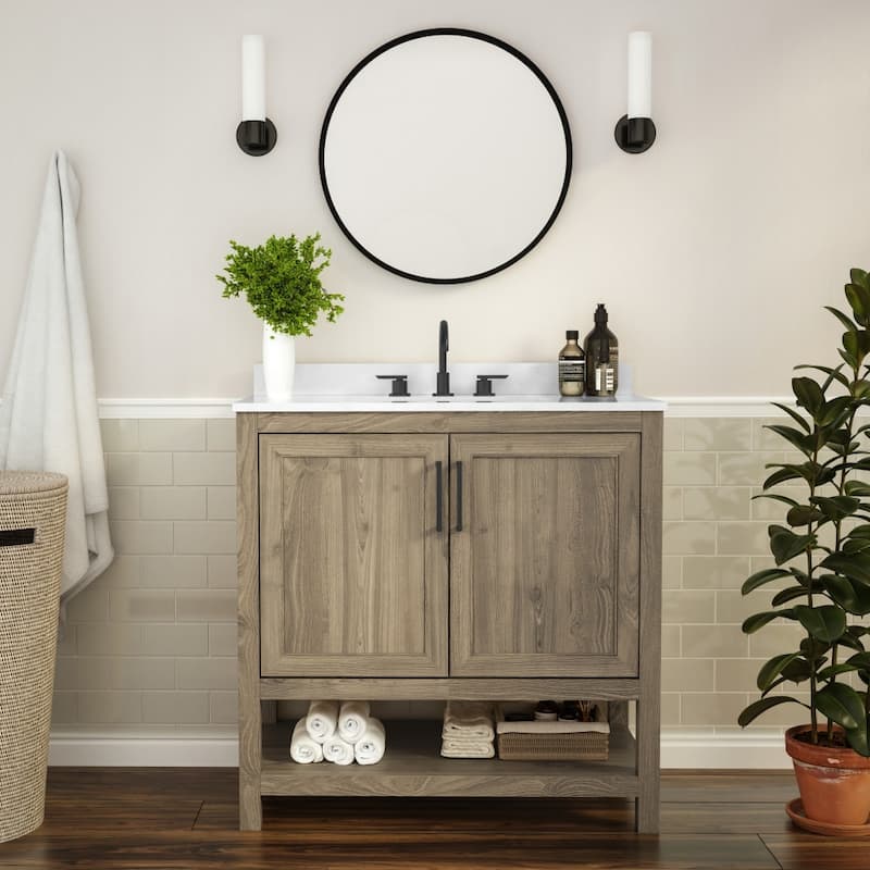 Bathroom Vanity with Undermount Sink and Open Storage Shelf - 36 Inch - Brown