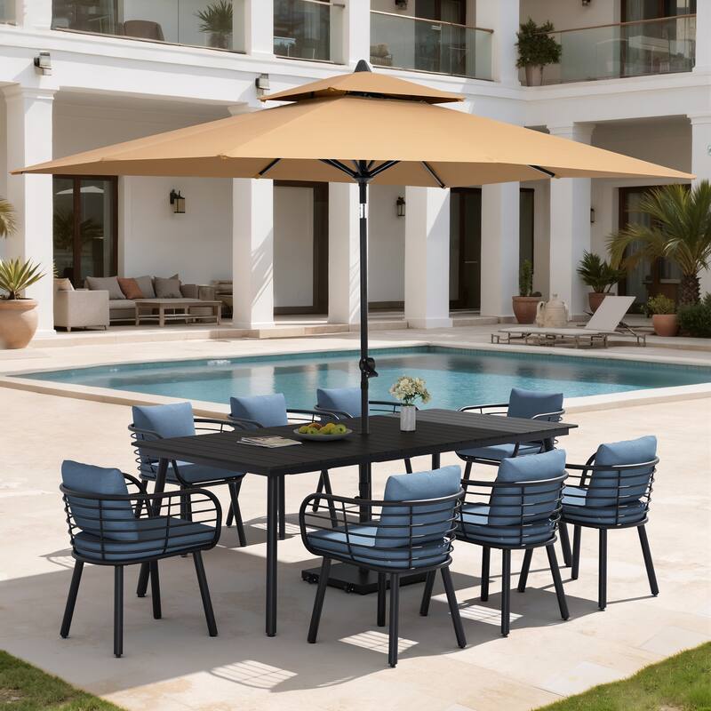 11PC Outdoor Patio Dining Set Aluminum Table with Sunbrella Cushion Chairs w/ Premium Market Umbrella Sets