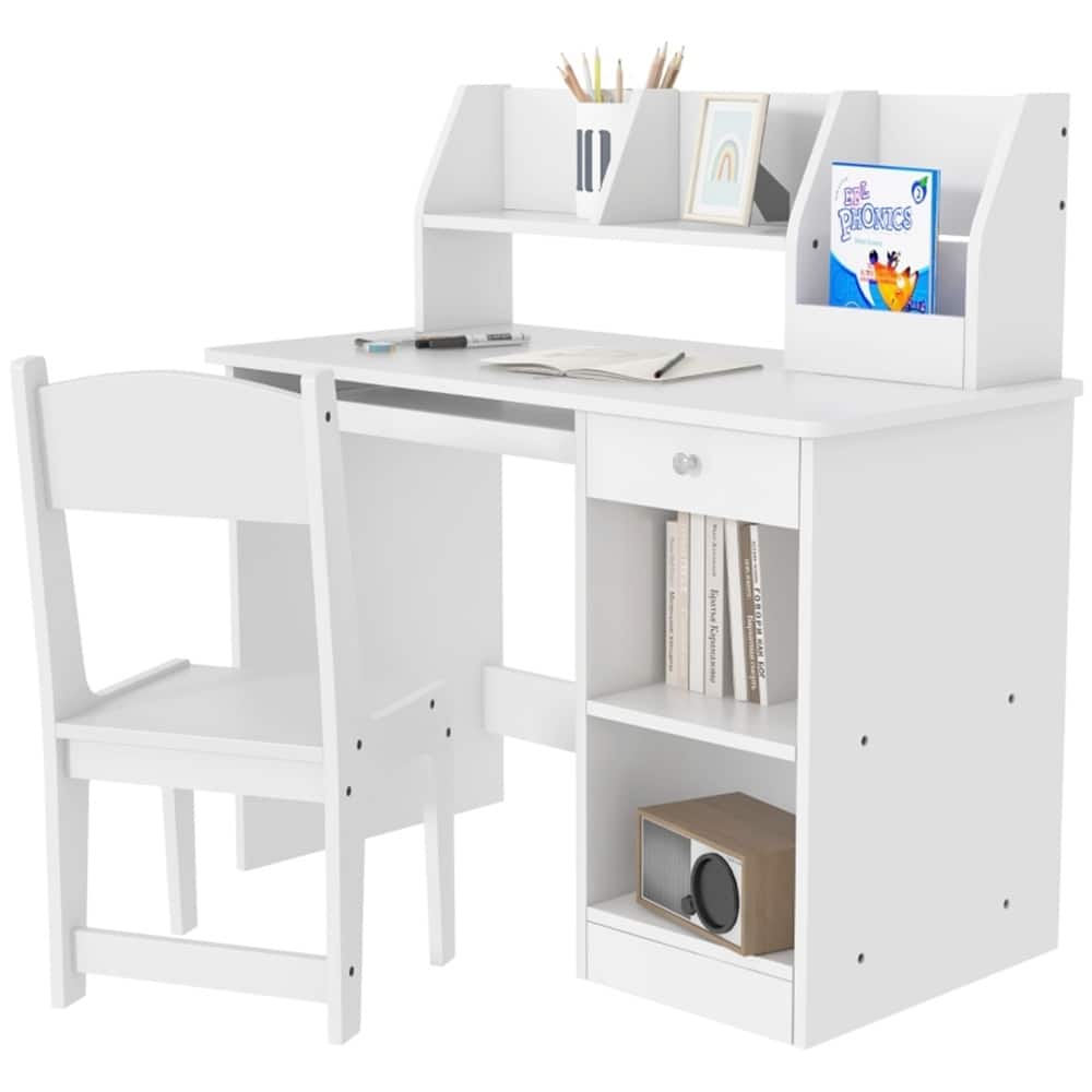 Children’s Desk and Chair Set with Keyboard Drawer and Storage Shelves and Rounded Edges - 35.5" L x 17.75" W x 35.5" H