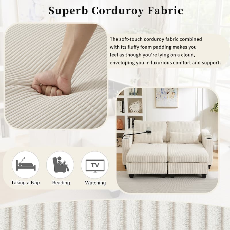 Roomfitters Convertible Corduroy Loveseat Sofa Bed with USB Ports, Cup Holders, Phone Slot and Storage for Living Room
