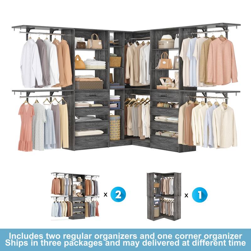 Set of 3 Closet Organizer with 10 Hanging Rods, Adjustable 132'' Corner Closet System with Tower Shelves