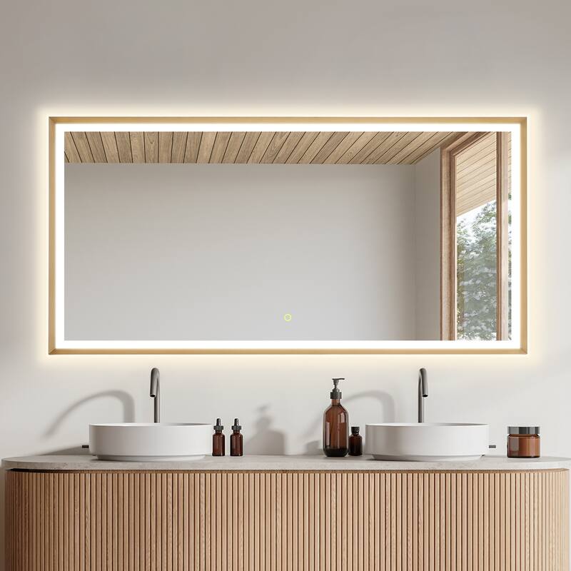 Apollo Rectangular Anti-Fog Dimmable Modern Bathroom/Vanity LED Lighted Wall Mirror in Brushed Gold Aluminum Framed