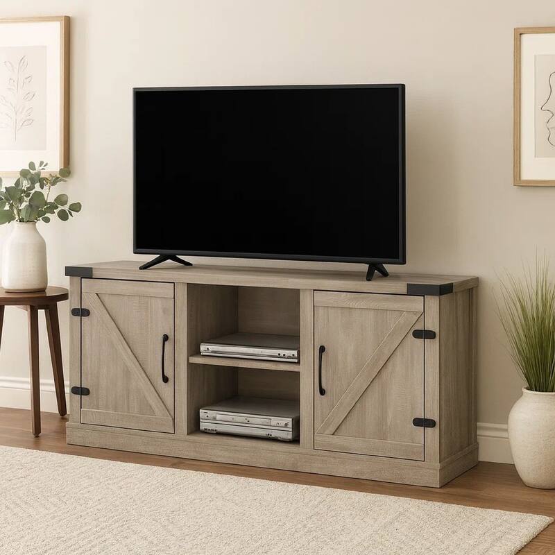 Olv 58 Inch TV Media Center Console, Barn Sliding Cabinet Doors, Light Gray
