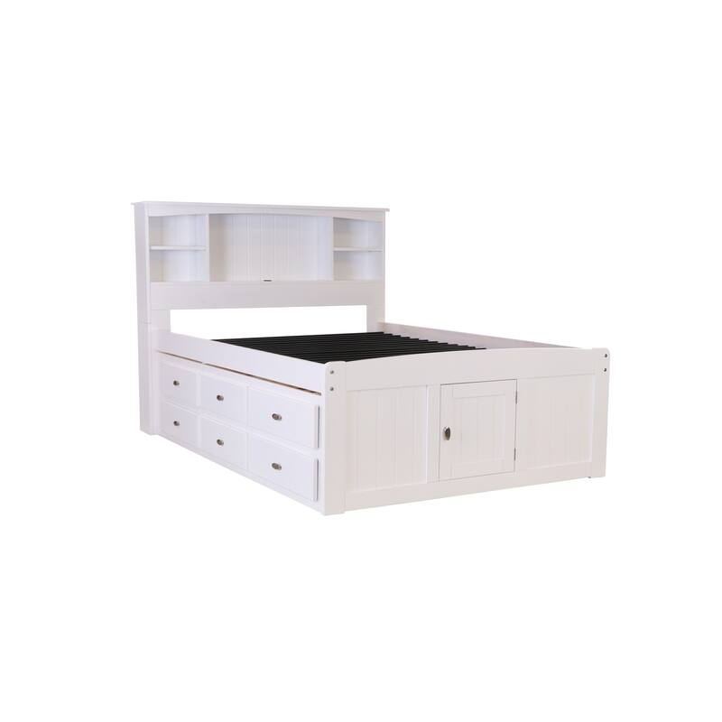 Full Size Bookcase Bed with Drawers - Bed, Underbed Storage, Casual White Finish