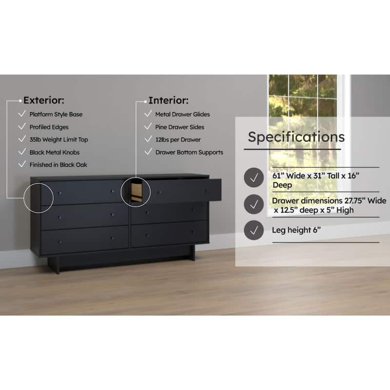 Prepac Finnley 6-Drawer 61" W Dresser, Modern Clothing Organizer for Home, Bedroom, Living Room