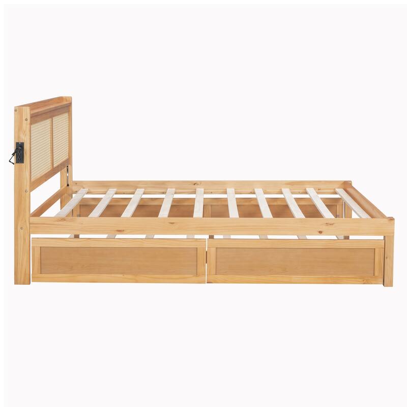 Elegant Bed Frame with Rattan Headboard and Sockets