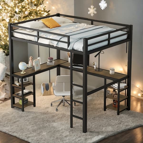 slide 2 of 10, Elegant Full Metal Loft Bed with Desk and Shelves, Loft Bed with Ladder and Guardrails, Loft Bed Frame for Bedroom, Black Black