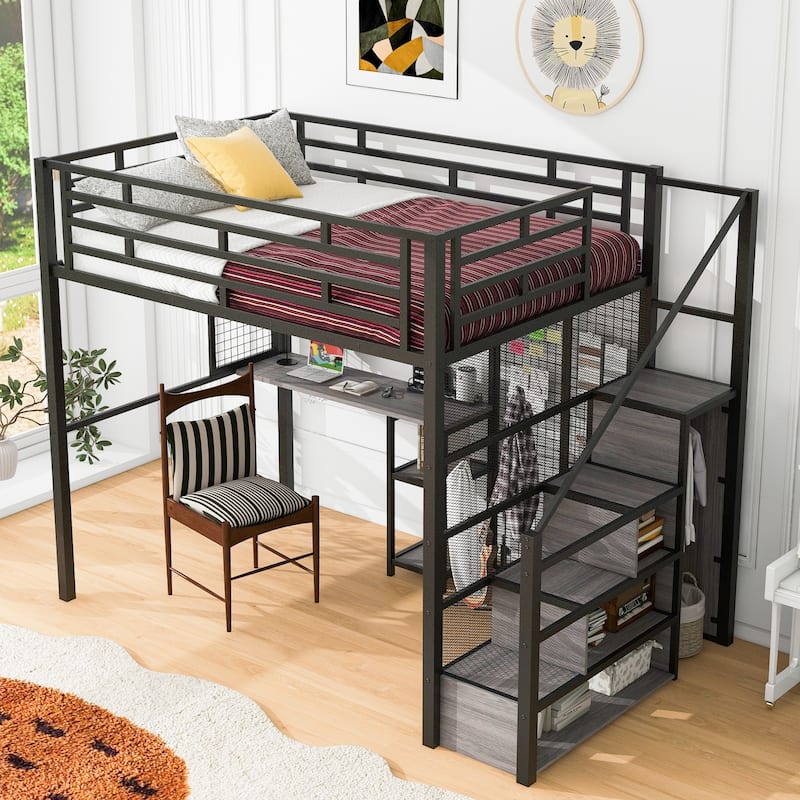 Full Size Metal Loft Bed with Wardrobe, Built-in Wood Tabletop Desk, Storage Shelves and Storage Stairs for Bedroom