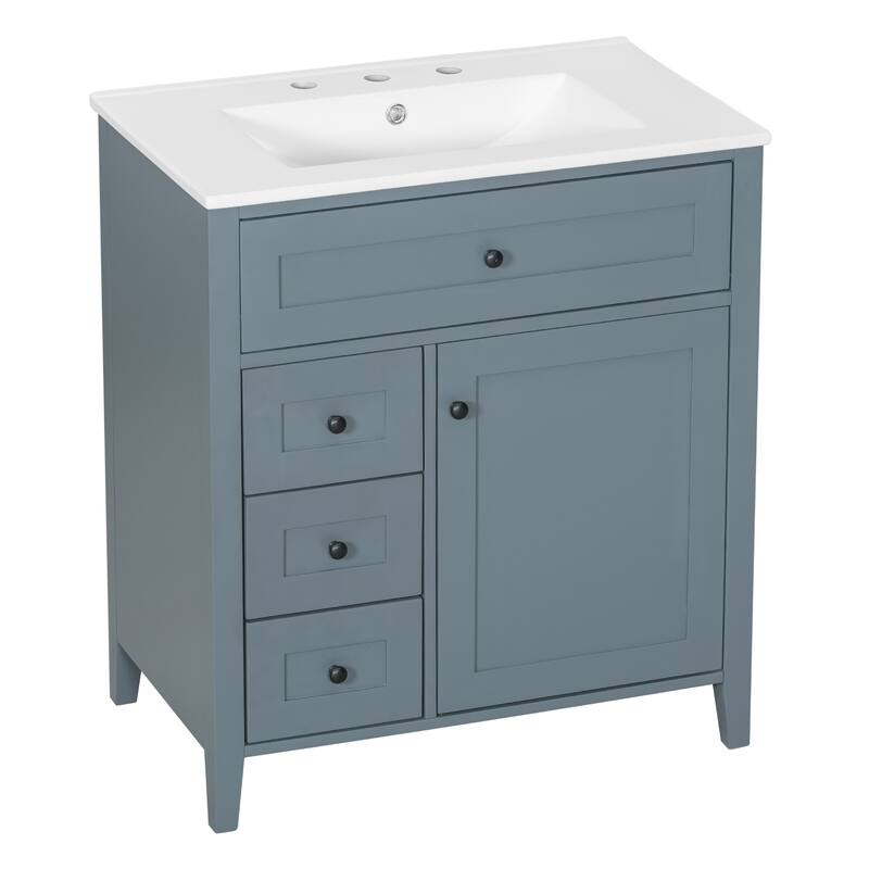 30-Inch Bathroom Vanity with Sink, Modern MDF and Rubberwood Cabinet with 3 Drawers and Adjustable Shelf, Freestanding