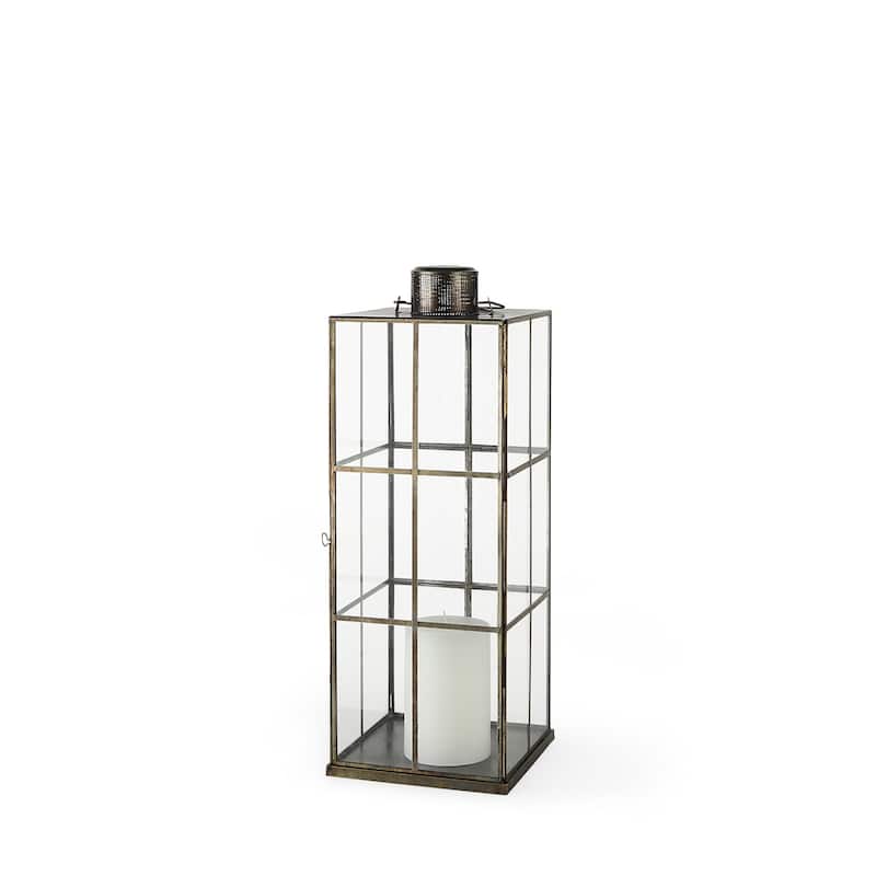 23" Gold Distressed Geometric Metal And Glass Tabletop Lantern Candle Holder