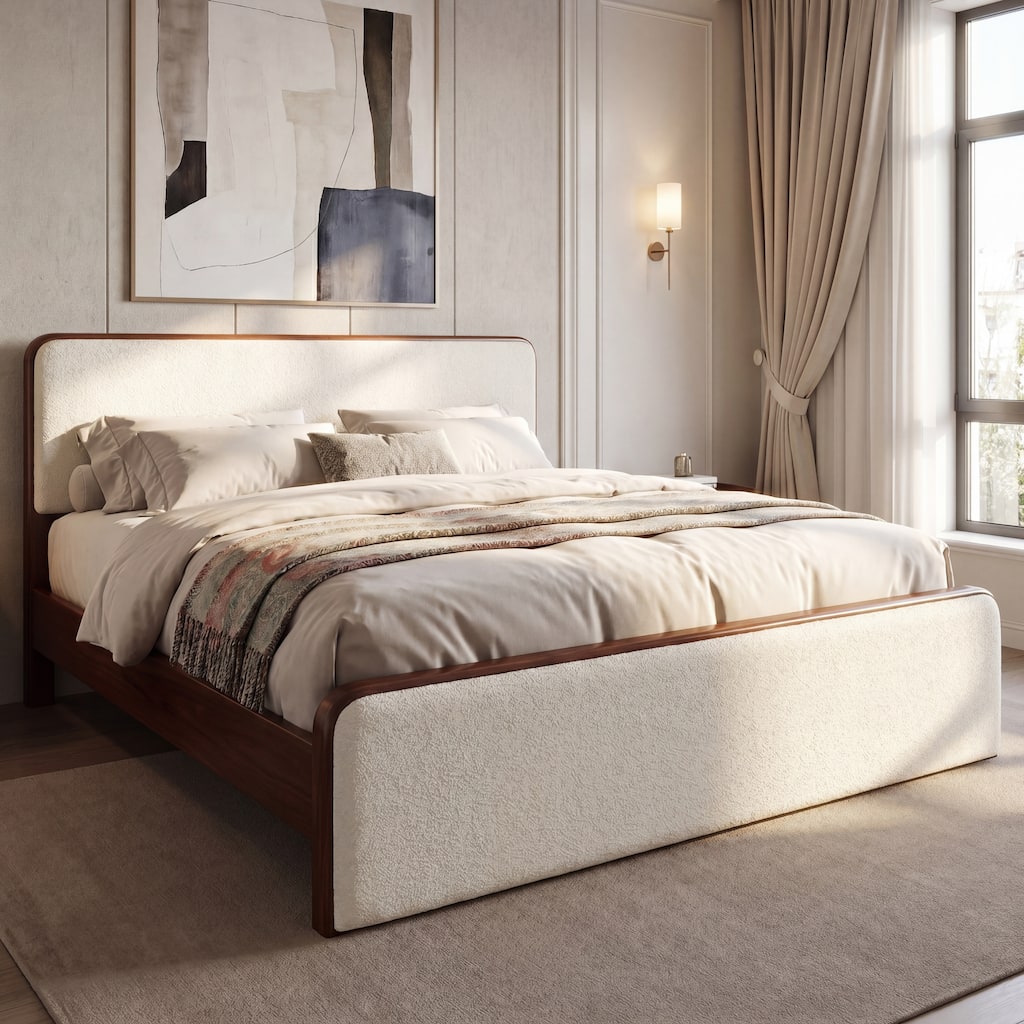 Christopher Knight Home - Armond Mid-Century Platform Bed Frame, Wood Upholstered Headboard and Footboard & No Box Spring Needed
