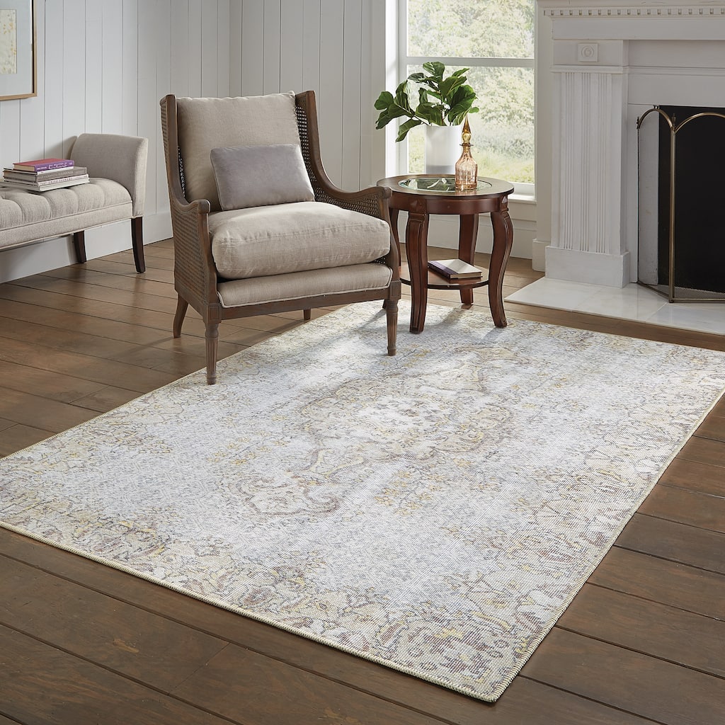 Vista Home Savannah Distressed Medallion Grey and Gold Area Rug