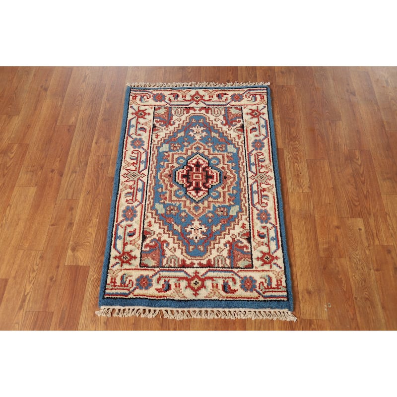 Hand Knotted Oriental 100% Wool Carpet Traditional Medallion Navy Blue & Blues Heriz (serapi) Area Rug - 3' 0'' X 2' 0''