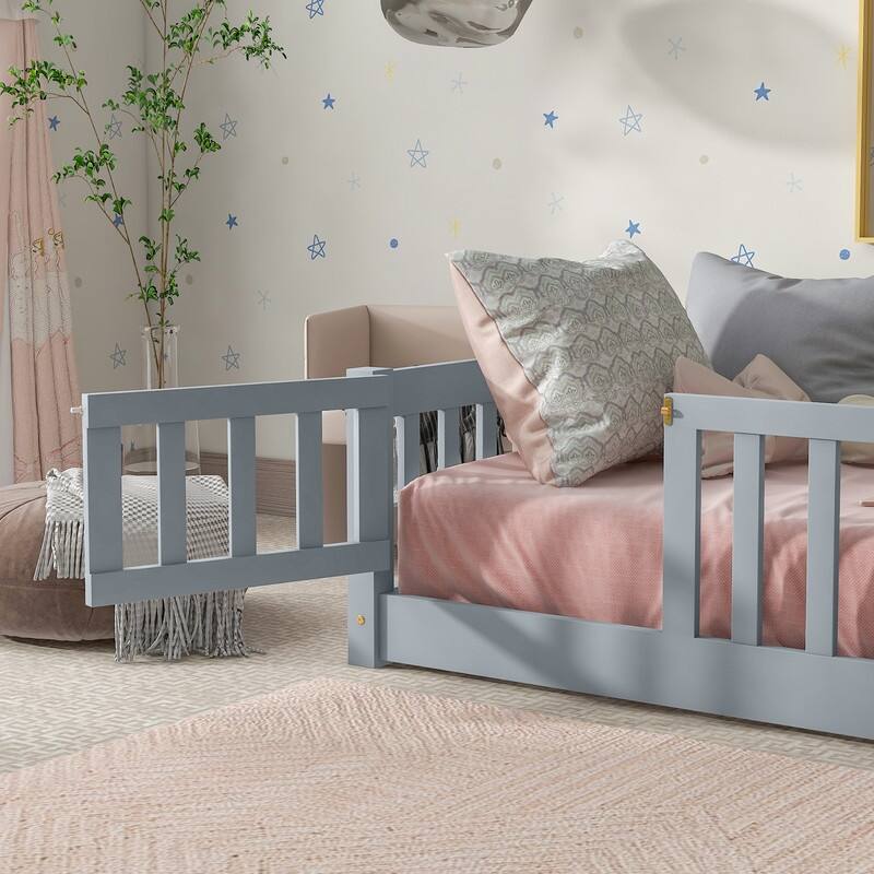 Twin Size Wood Floor Bed with Fence and Door, Safety Guardrails