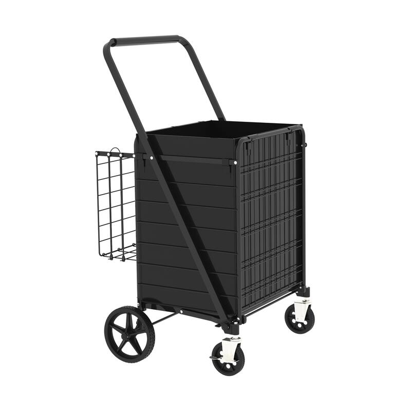 Foldable Grocery Shopping Cart w/ Brake & Double Basket and 360 Rolling Swivel Wheels