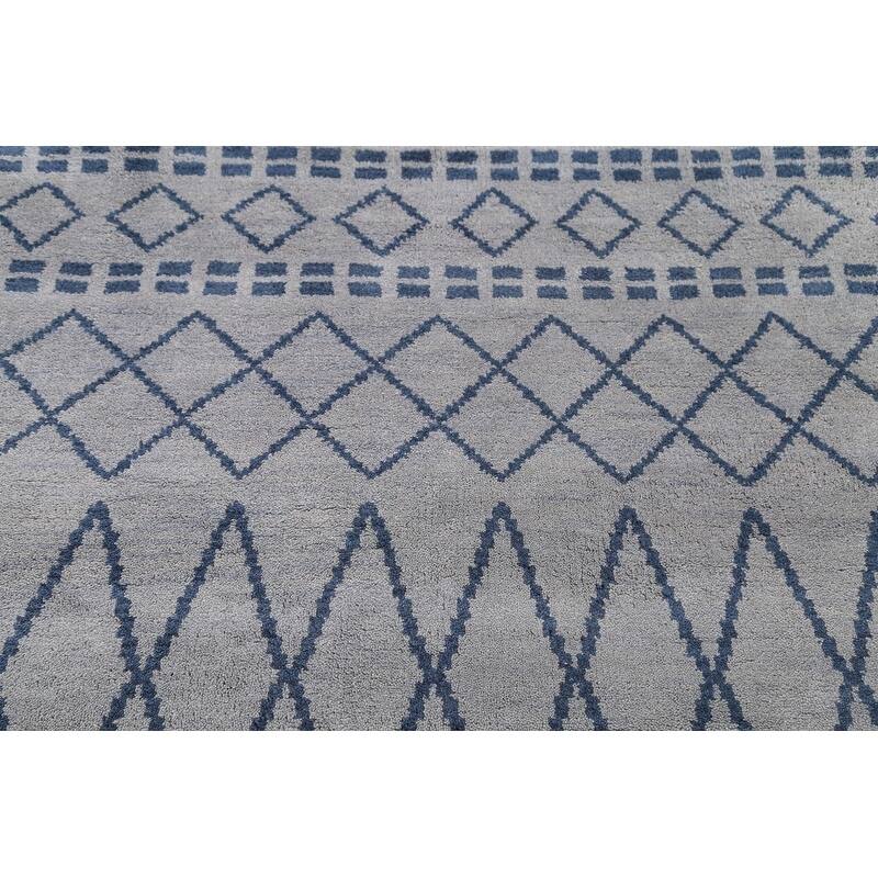 Hand Knotted Oriental 100% Wool Carpet Modern Geometric Greys & Charcoal Moroccan Area Rug - 7' 8'' X 5' 1''