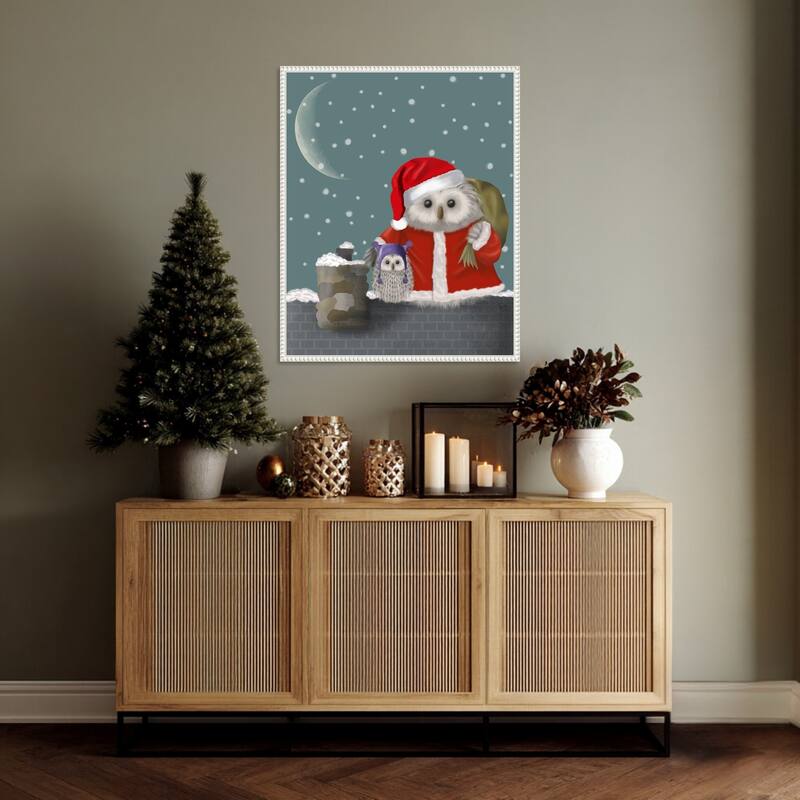 Christmas Santa Owl by Fab Funky (23 x 28 in.), Framed Canvas Wall Art Print - Sylvie Beaded White