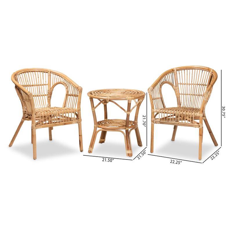 Alleta Modern Bohemian Natural Brown Rattan 3-Piece Living Room Set