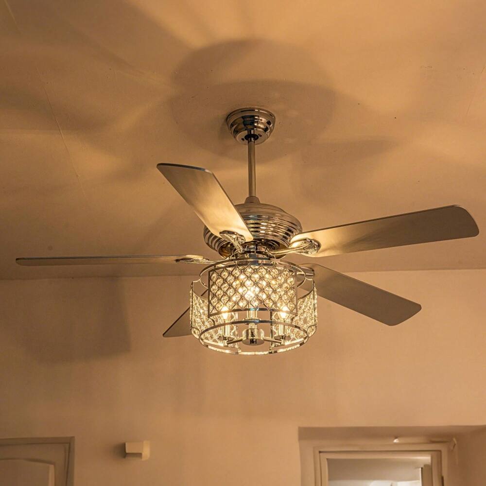 Cusp Barn 52 Inch Crystal Ceiling Fan, Chrome Reversible Chandelier, Modern Silent AC Motor Lighting Fixture for Dining Room