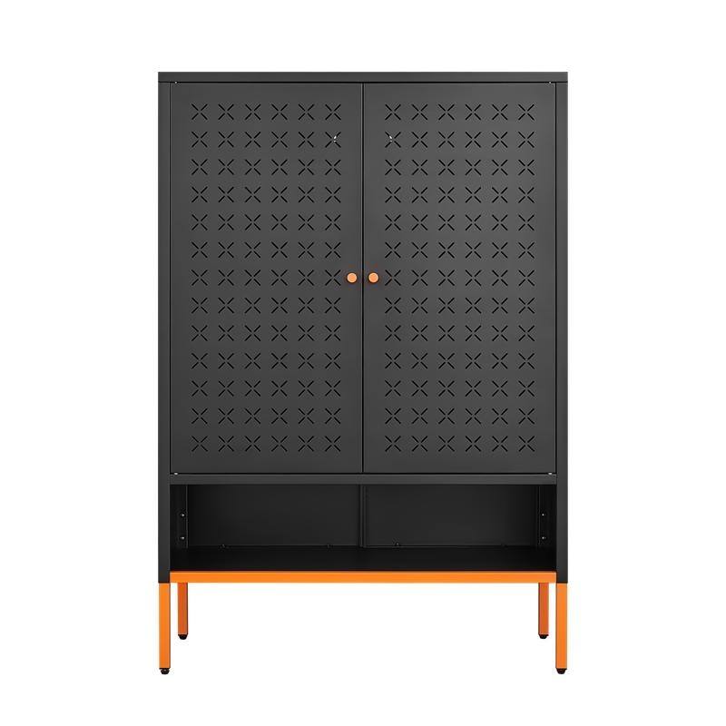 Grid Double Door Shoe Cabinet with Adjustable Shelves and Moisture-Proof Base