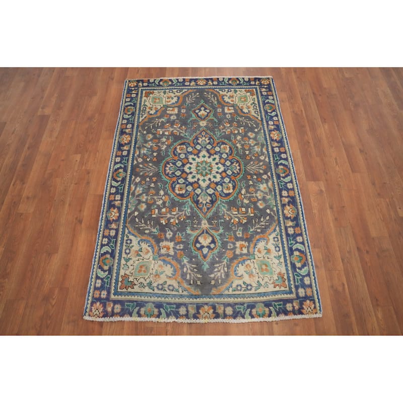 Hand Knotted Oriental 100% Wool Carpet Traditional Floral Greys & Charcoal Tabriz Area Rug - 4' 7'' X 3' 1''