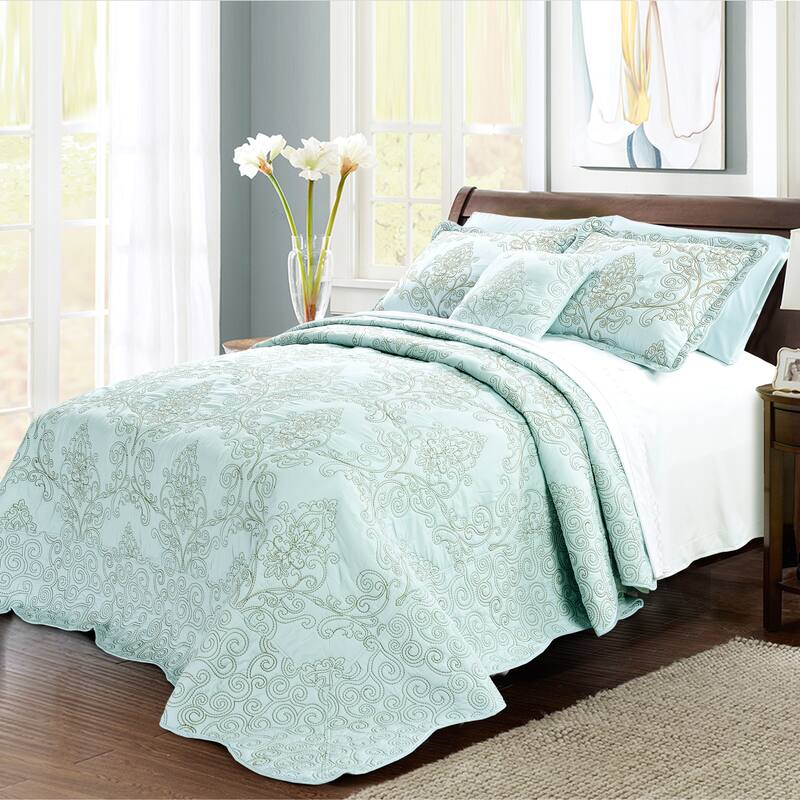 4 Piece Damask Embroidery Coverlet Set Soft Microfiber Bedding