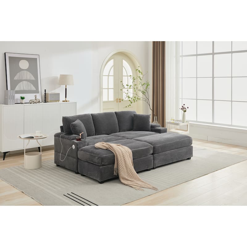 Modular Convertible Sectional Sofa with 2 Ottomans, 2 Seaters Corduroy Arms Couch, Loveseat Sofa with Cup Holders & USB Ports