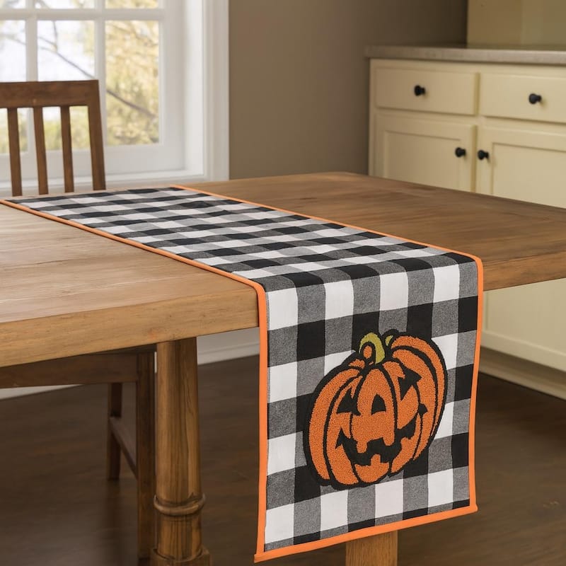 Jack-O-Lantern Check Halloween Pumpkin Table Runner 13" x 72" - 13" x 72"