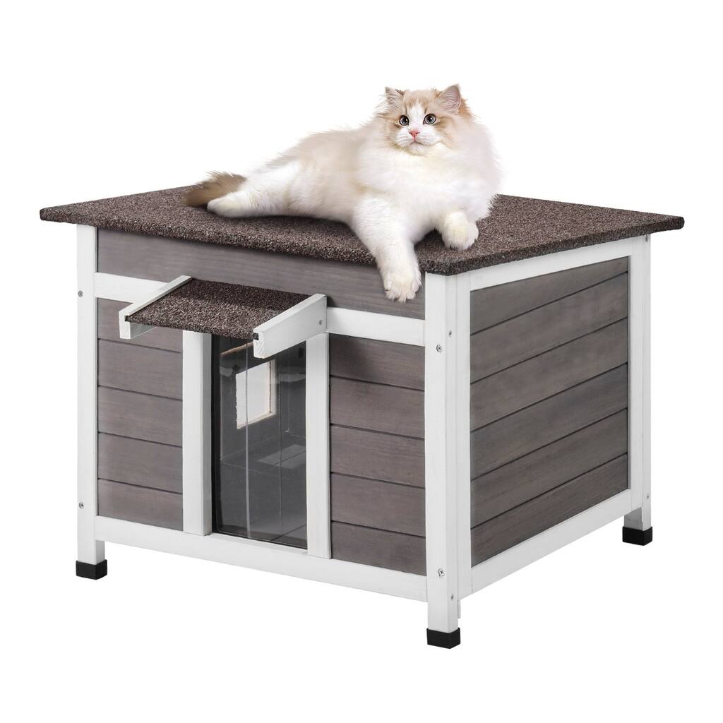 Grey Wooden Outdoor Cat Shelter with Roof Door Flaps and Window Suitable for Any Small Pets - 24" x 21" x 18"