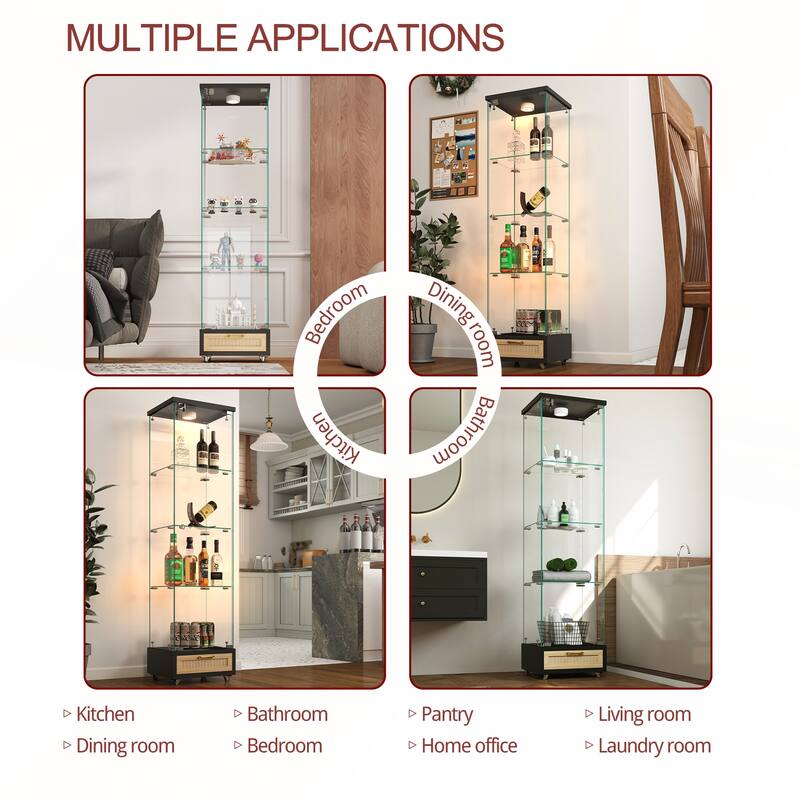 Modern Glass Display Cabinet with Drawer and LED lights for Living Room and Bedroom