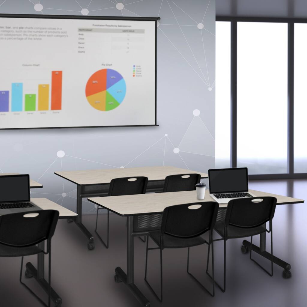 60" x 24" Flip Top Mobile Training Table with Modesty Panel- Maple and 2 Stack Chairs- Black