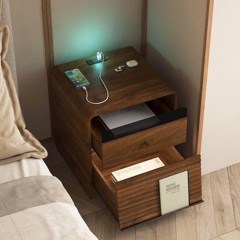 Roomfitters Modern Nightstand with Charging Station & USB Ports, Fluted 3-Drawer Bedside Table, Side End Table, Wood