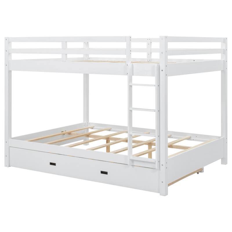 GDFStudio - Solid Wood Queen Bunk Bed with Ladder and Pull-Out Trundle