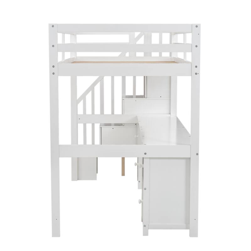 Twin Loft Bed with Built-in Desk and Double Drawers, White