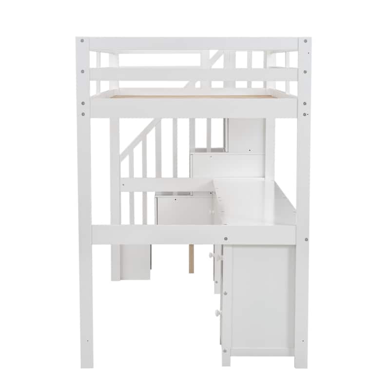 White Twin Size Solid Wood Loft Bed with Built-in Desk and Double Storage Drawers