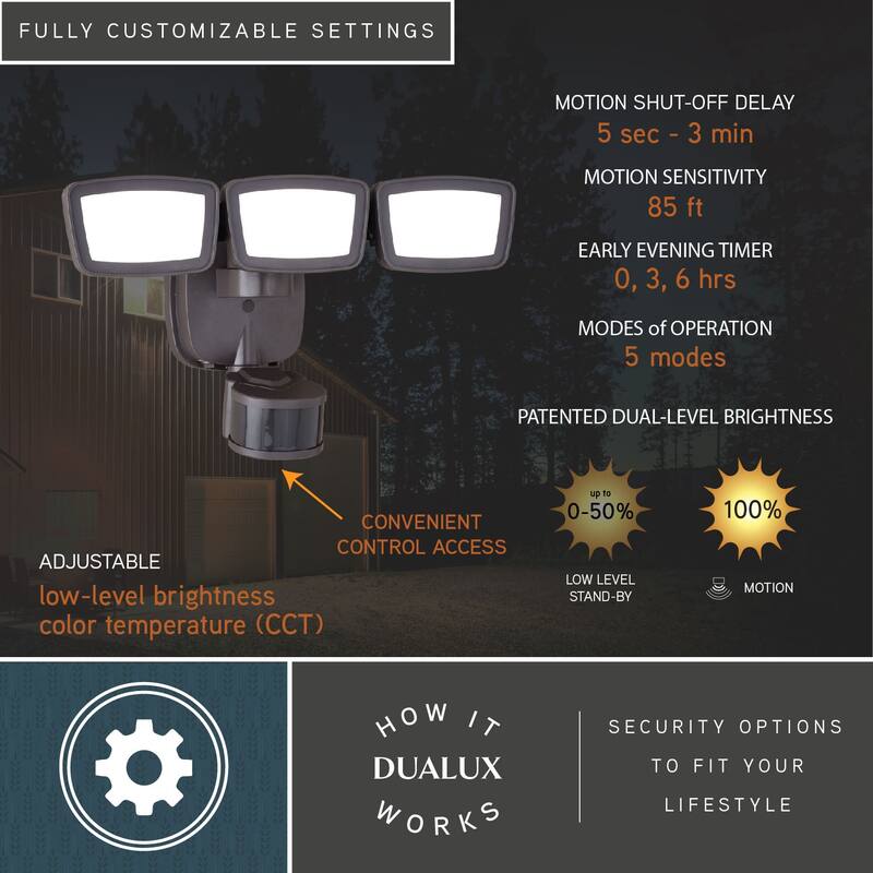 Integrated LED Motion Sensor Dusk to Dawn 3-Head Outdoor Security Flood Light - 240 Degree - 85 Ft.