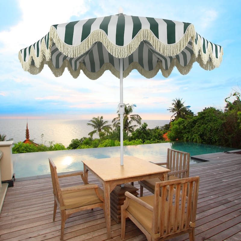 9ft Tassel Patio Umbrella Auto-Tilt, Crank , by JONATHAN Y - Green/White/Cream