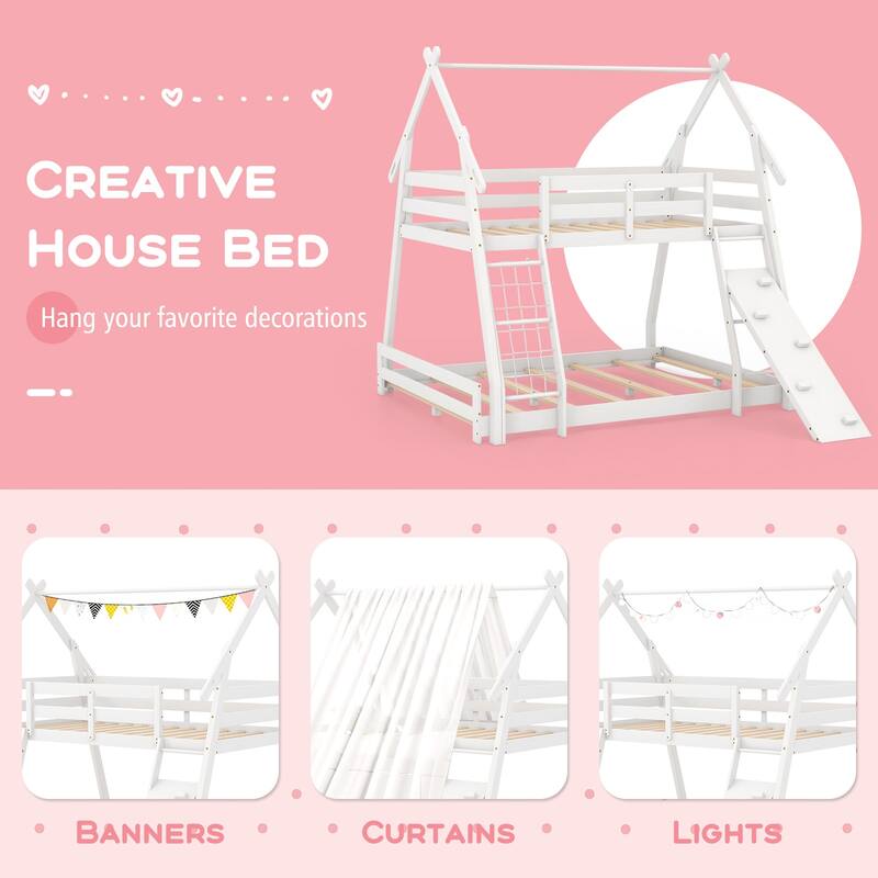 Twin Over Queen Bunk Bed Wooden Kids Bed with Climbing Nets and Ramp