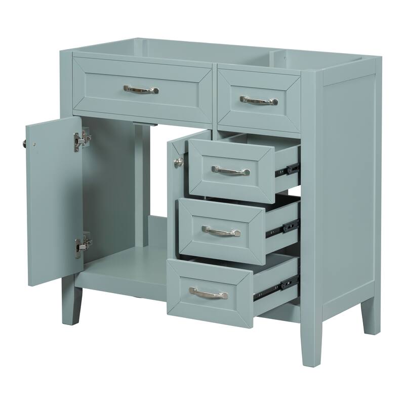 36" Modern White Bathroom Vanity Cabinet Base, 2 Doors & 3 Drawers, Solid Rubber Wood & MDF