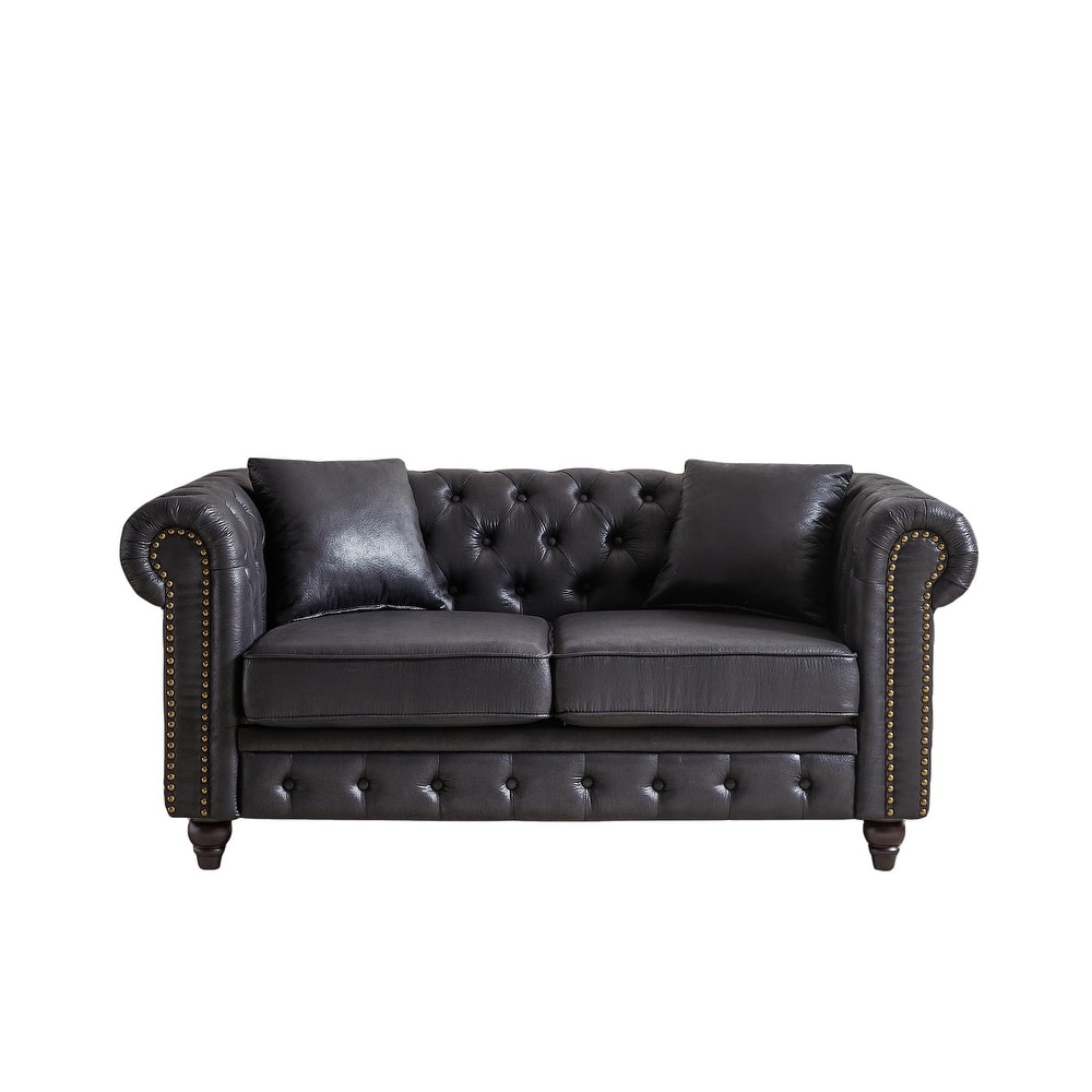 Tech Leather Fabric Upholstered Deep Seat Loveseat Sofa, Chesterfield Lounge Couch with Button Tufted and Nailheads Accent