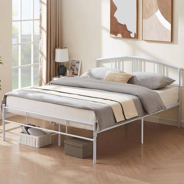 slide 2 of 5, White Metal Twin Platform Bed Frame with Arched Headboard, 330lbs Weight Capacity, 12.4inch Underbed Storage White