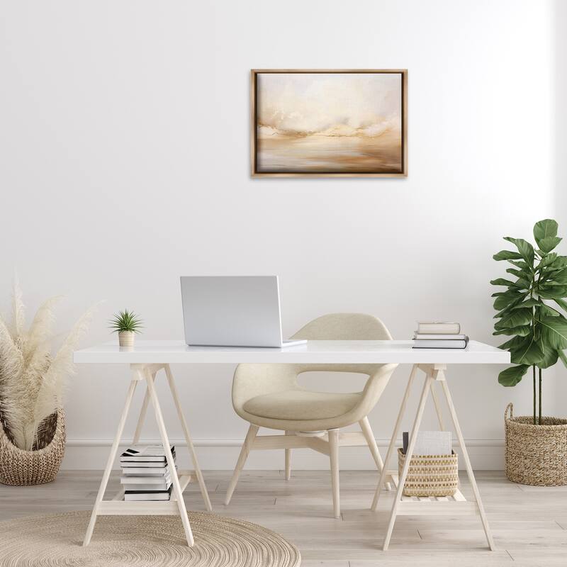 Stupell Neutral Abstract Horizon Line Framed Floater Canvas Wall Art Design By LSR Creative Studio