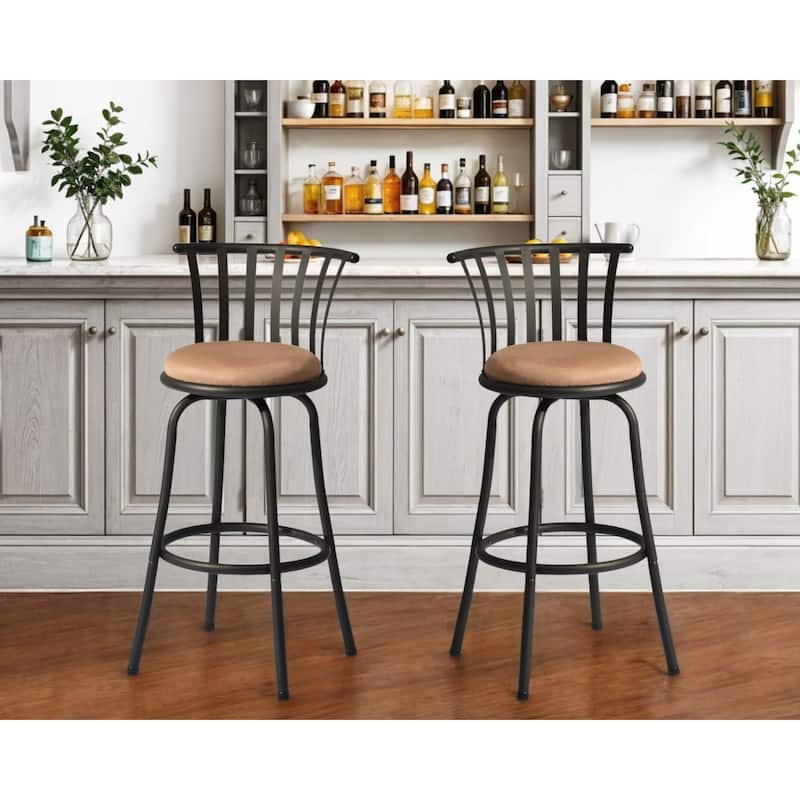 HomeRoots Set of Two 29" Brown and Black Microfiber and Metal Low Back Bar Height Swivel Bar Chairs - Bar Height - Set of 2 - Brown/Black