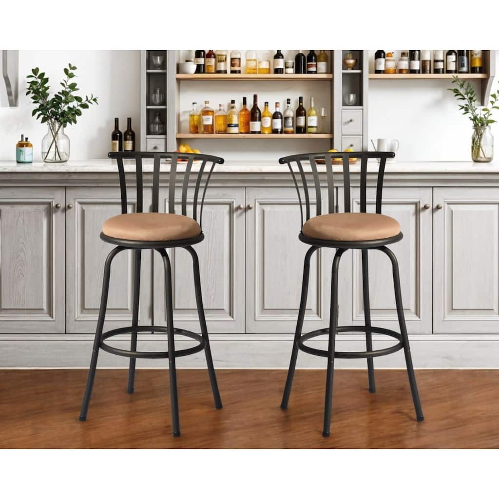 HomeRoots Set of Two 29" Brown and Black Microfiber and Metal Low Back Bar Height Swivel Bar Chairs