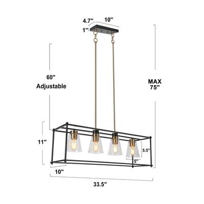 Modern 4-Light Black Gold Geometric Chandeliers Glass Kitchen Island Pendant Lights